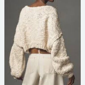 Pilcro Anthropologie Cropped Chunky Knit Sweater Cream Balloon Sleeve Small